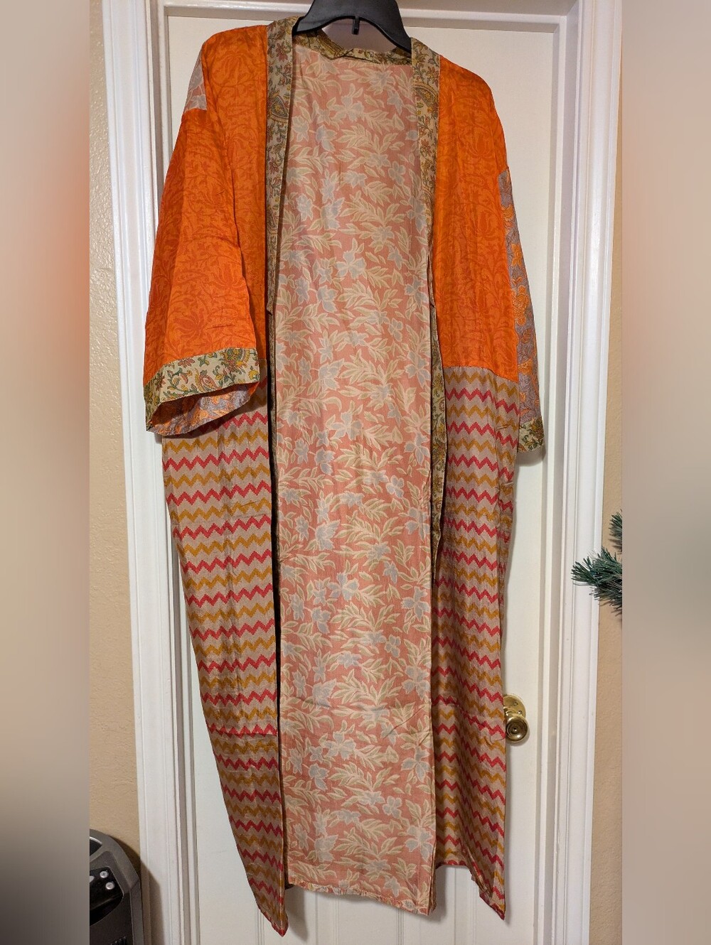 Lightweight Orange Floral & Chevron Silk Kimono Robe